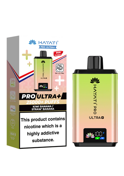 Hayati Pro Ultra+ reusable vape kit with 25000+ puffs, duo flavor system, smart battery display, and 20mg nicotine strength.