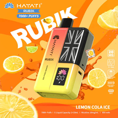 Hayati Rubik vape device with lemon cola ice flavor on an orange background
