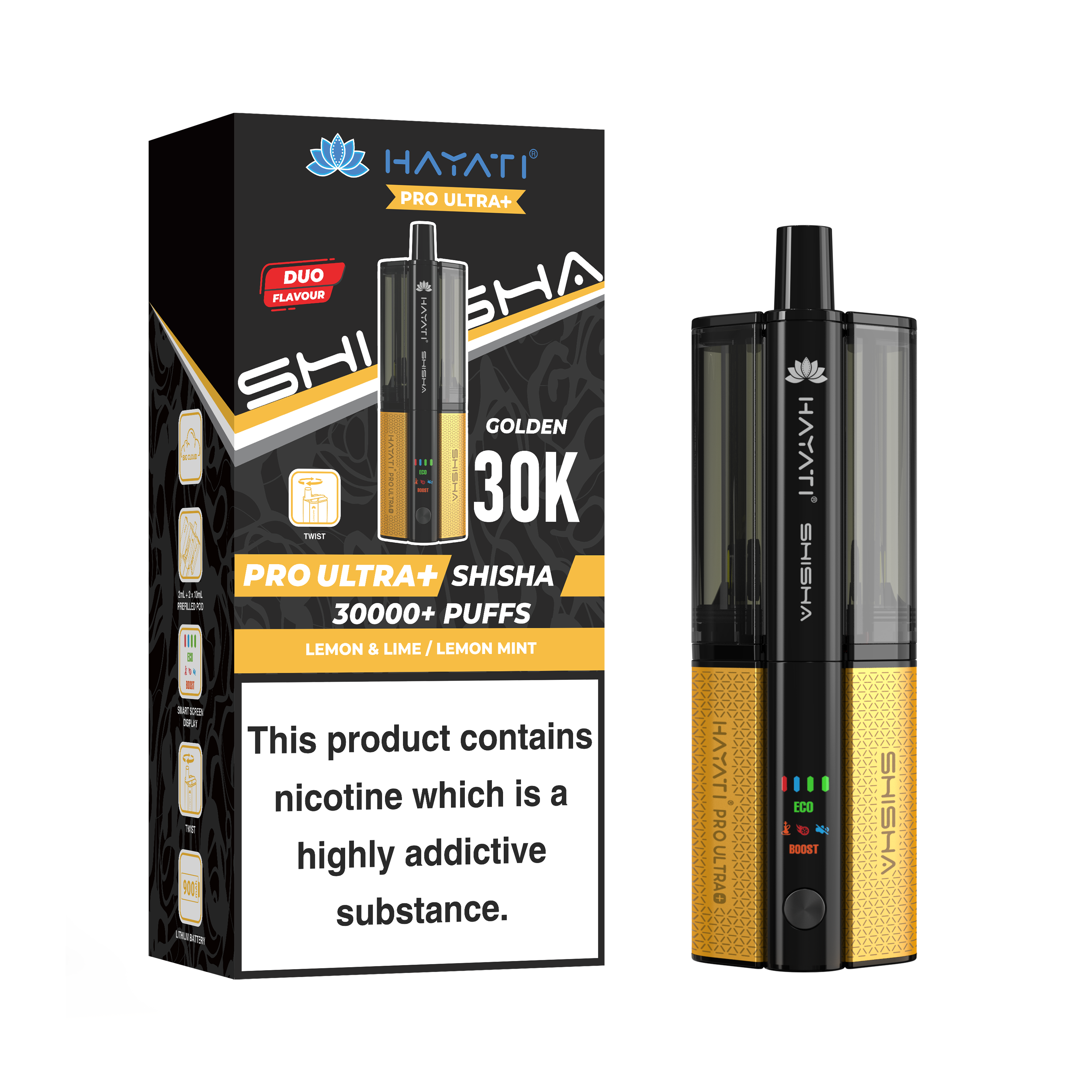 Golden and Black Vape device with packaging displaying 'HAYATI' branding on a white background.