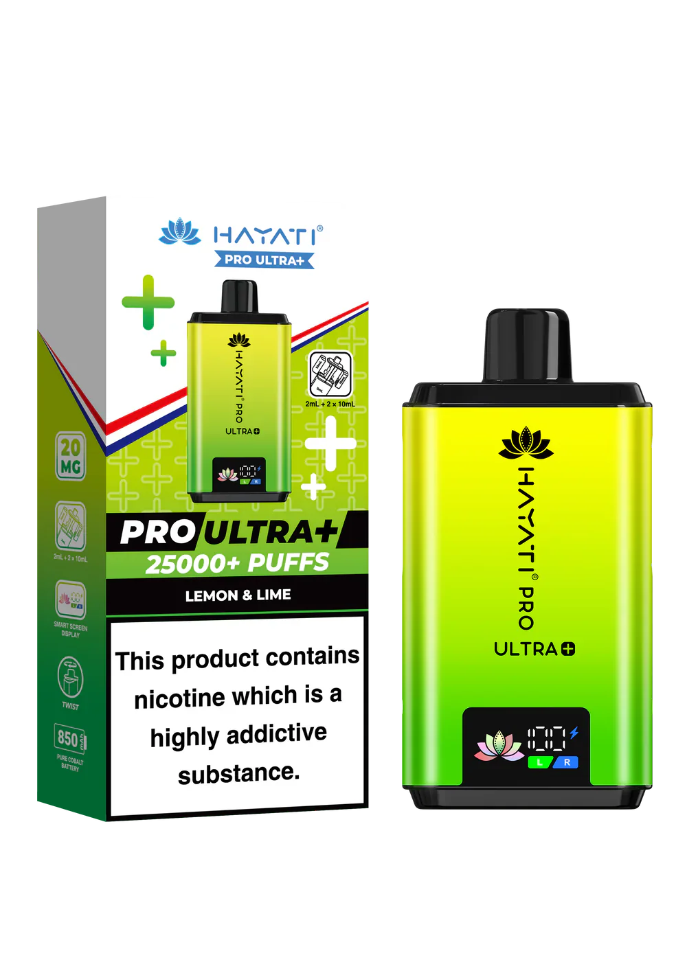 Hayati Pro Ultra+ 25000+ puffs reusable vape kit with lemon & lime flavor and smart battery display.