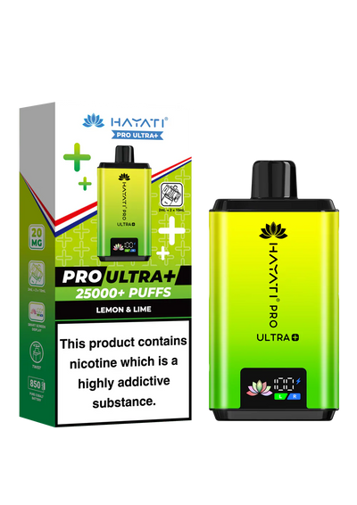 Hayati Pro Ultra+ 25000+ puffs reusable vape kit with lemon & lime flavor and smart battery display.