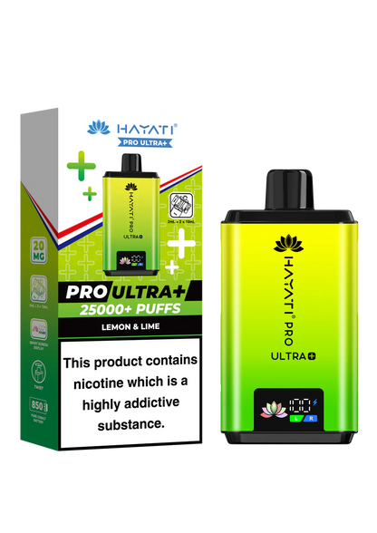 Hayati Pro Ultra+ 25000+ puffs reusable vape kit with lemon & lime flavor and smart battery display.