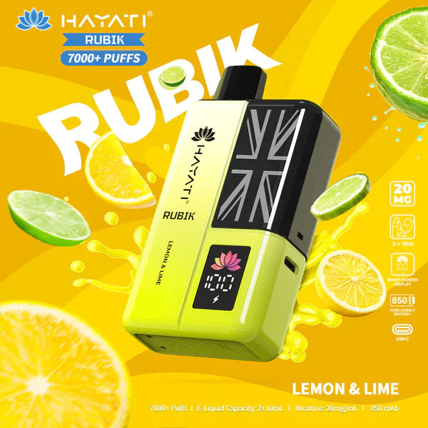 Hayati Rubik vape device with lemon and lime slices on a yellow background