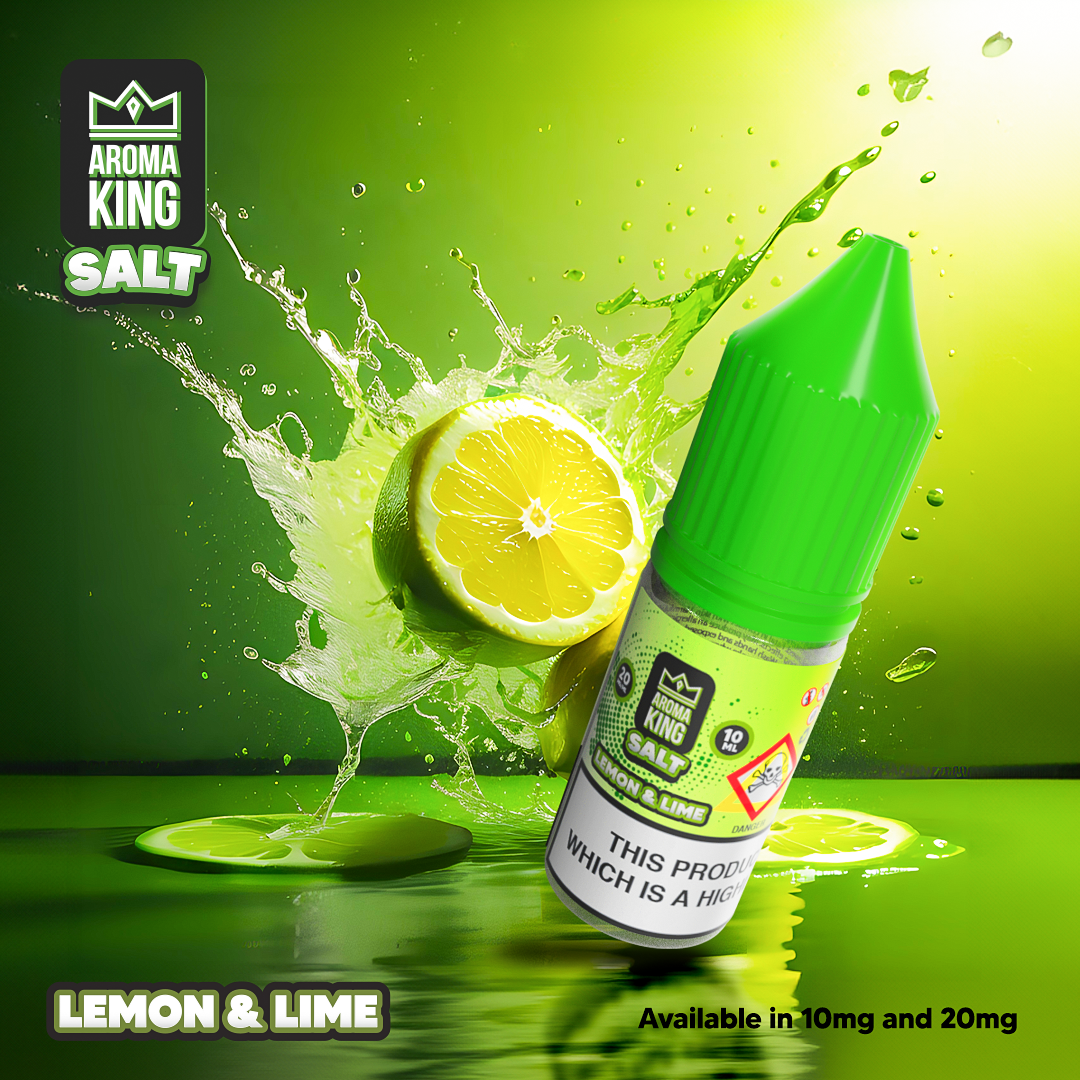 Aroma King Nic Salts 10ml lemon and lime flavored nicotine salt e-liquid bottle with vibrant green packaging and citrus splash background