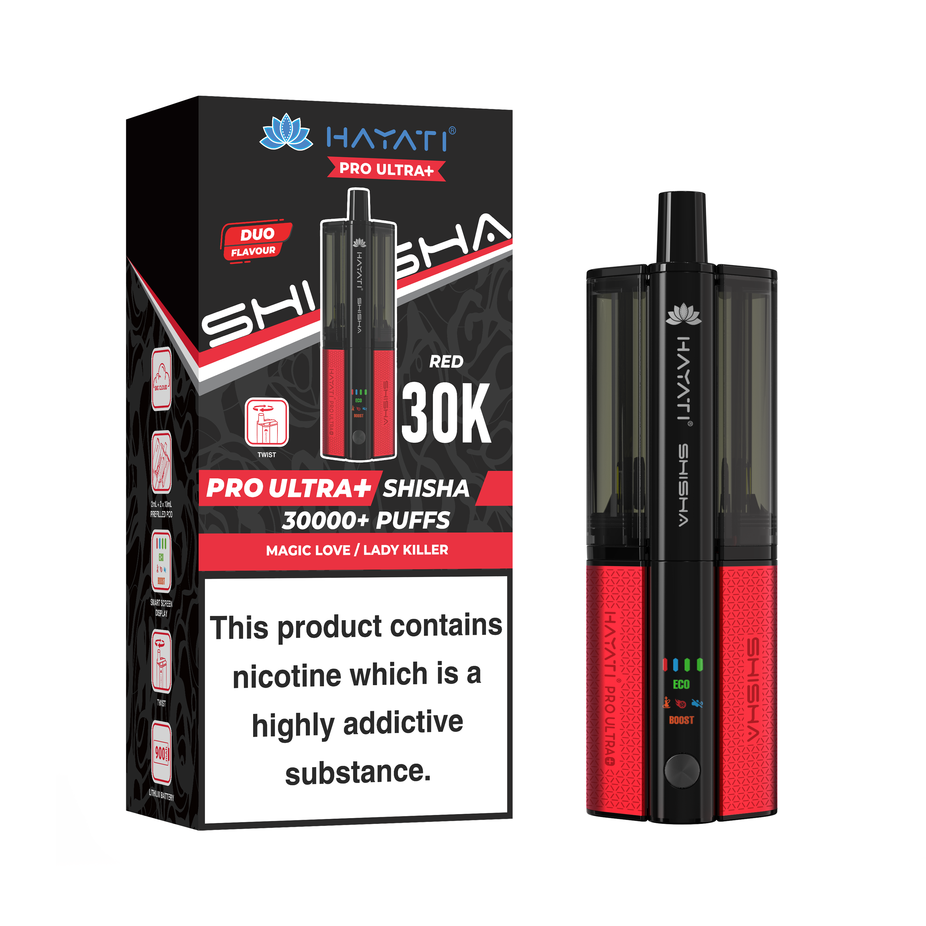 Red and Black Vape device with packaging displaying 'HAYATI' branding on a white background.
