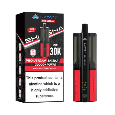 Red and Black Vape device with packaging displaying 'HAYATI' branding on a white background.