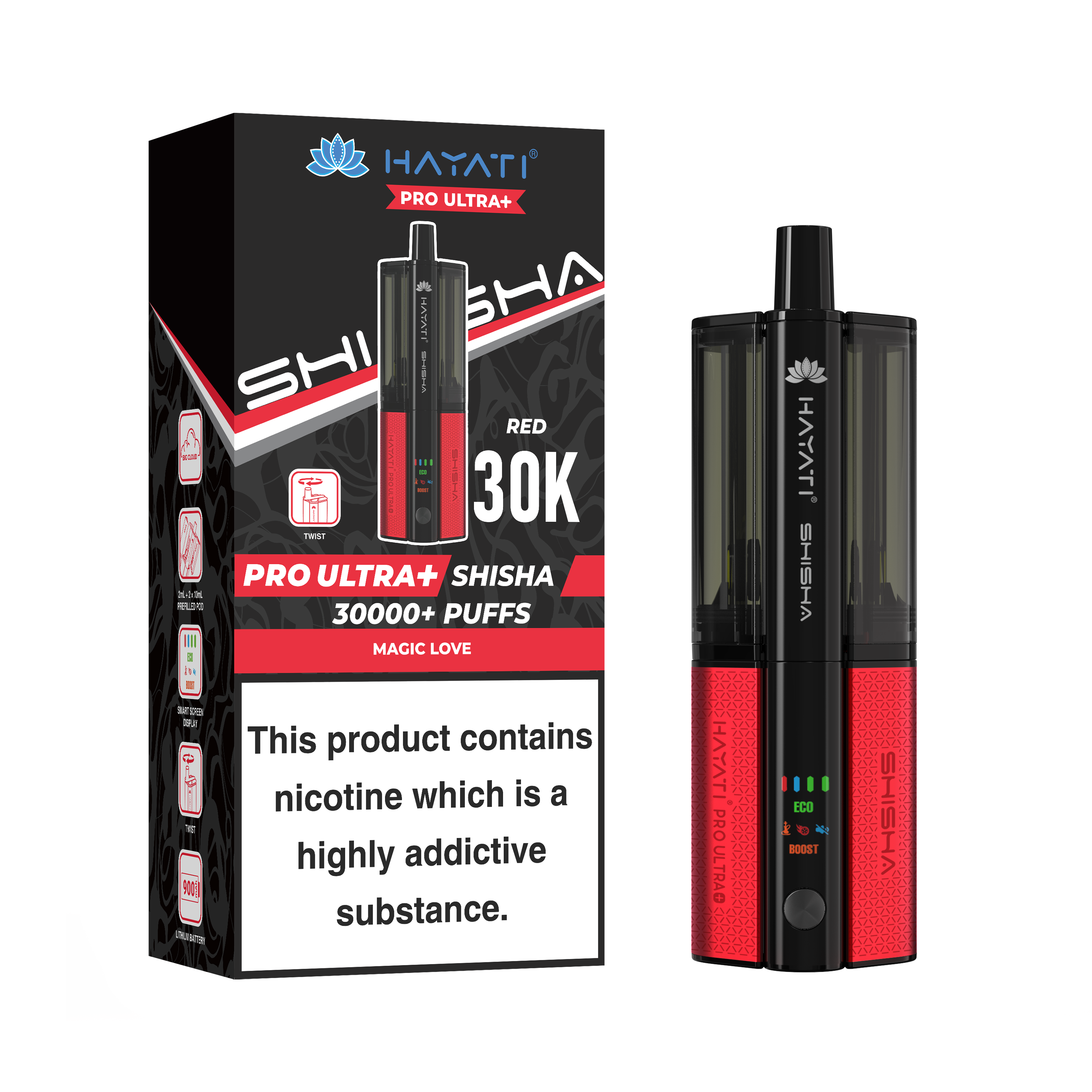 Red and Black Vape device with packaging displaying 'HAYATI' branding on a white background.