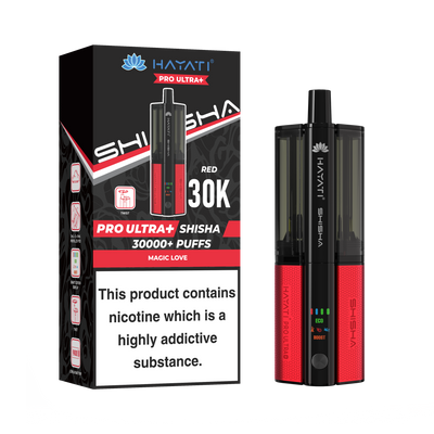 Red and Black Vape device with packaging displaying 'HAYATI' branding on a white background.