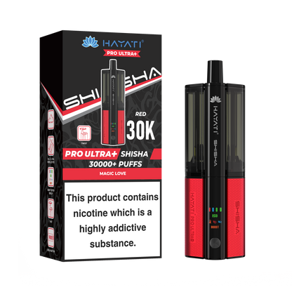 Red and Black Vape device with packaging displaying 'HAYATI' branding on a white background.