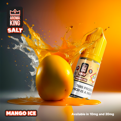 Aroma King Nic Salts Mango Ice 10ml bottle with fresh mango and icy splash on orange background, 20mg nicotine salt e-liquid for vaping.