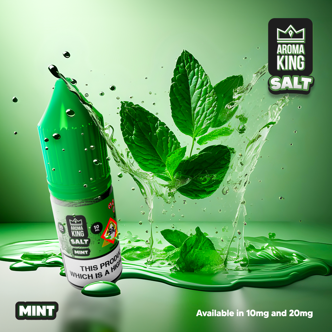 Aroma King Nic Salts 10ml mint-flavored e-liquid bottle with splash of fresh mint leaves and green background