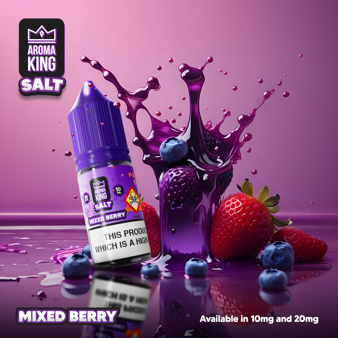 Aroma King Nic Salts 10ml Mixed Berry e-liquid bottle surrounded by fresh strawberries and blueberries with vibrant purple berry splash on purple background