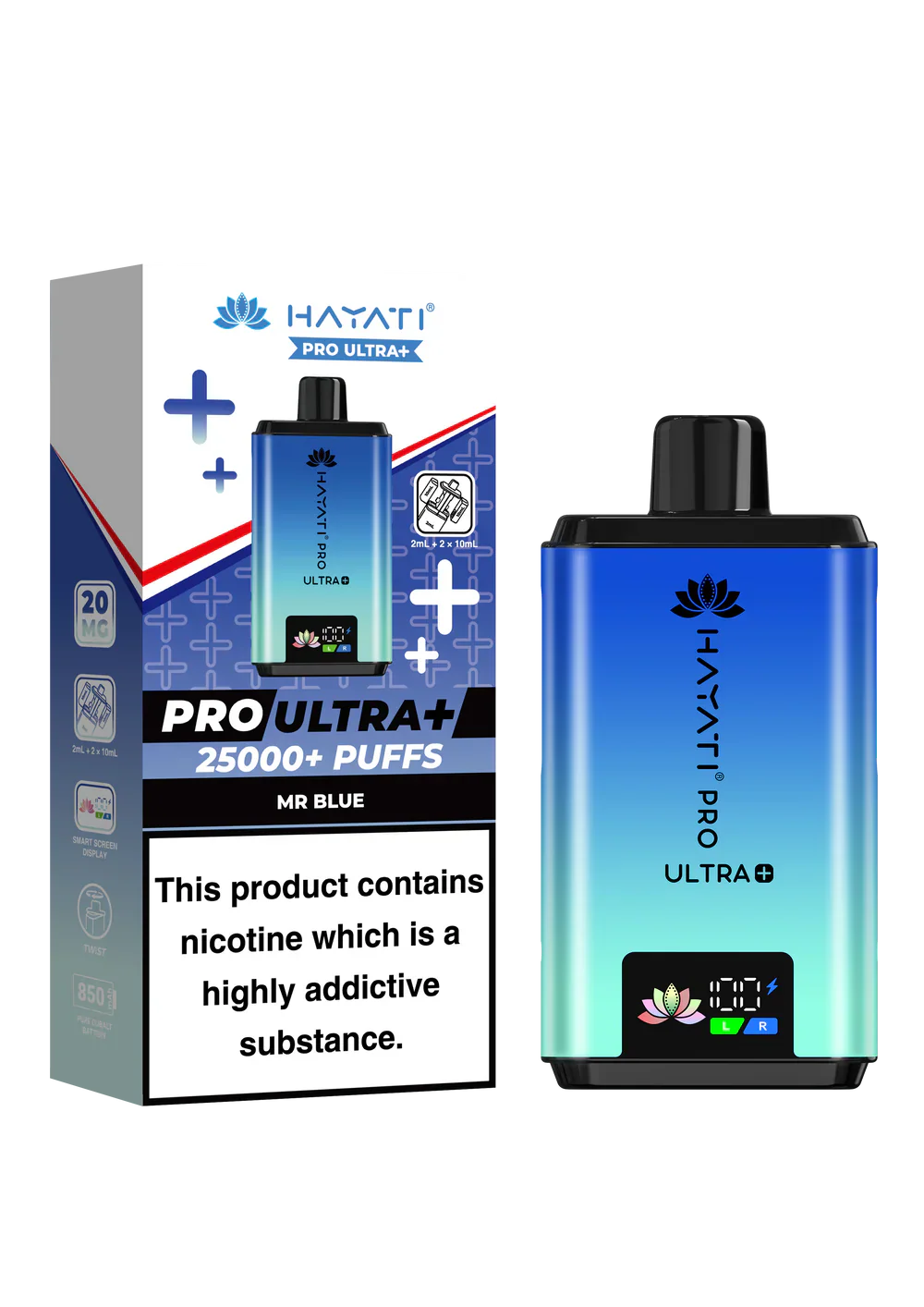 Hayati Pro Ultra+ reusable vape kit in blue with 25000+ puffs, smart battery display, and dual flavor system, pack of 5