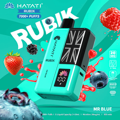 Hayati Pro Ultra+ 7000+ puffs reusable vape kit with single flavor mr blue system and smart battery display