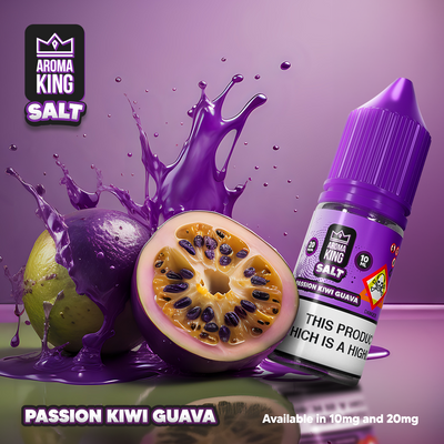 Aroma King Nic Salts 10ml e-liquid bottle with passion kiwi guava flavor and vibrant purple splash background