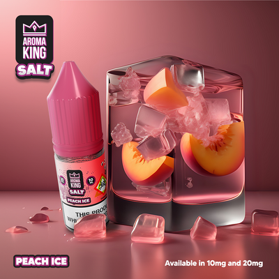 Aroma King Nic Salts Peach Ice 10ml e-liquid bottle with ice cubes and peach slices on pink background, 20mg nicotine strength, 50/50 VG/PG ratio, pack of 10.