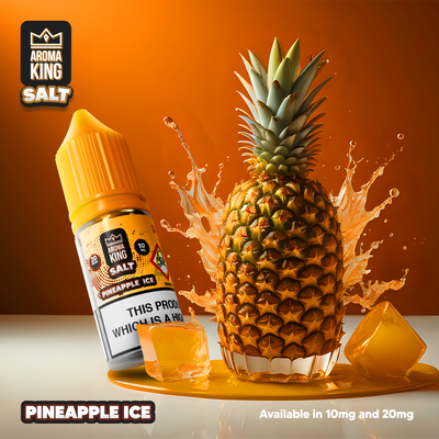 Aroma King Nic Salts 10ml e-liquid bottle with pineapple ice flavor next to a fresh pineapple and ice cubes on an orange background.