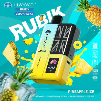 Hayati Rubik vape device with pineapple ice flavor on a colorful background