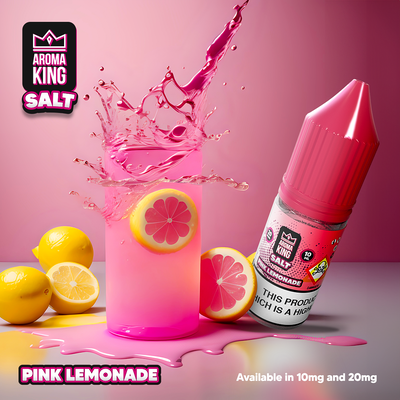 Aroma King Nic Salts 10ml pink lemonade flavored e-liquid bottle with pink lemonade splash and citrus fruits on pink background.