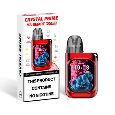 Crystal Prime M3 Smart Refillable Pod Vape Kit with touchscreen, Bluetooth, call and music features, 2ml capacity, 20mg nicotine-free, compact red design.