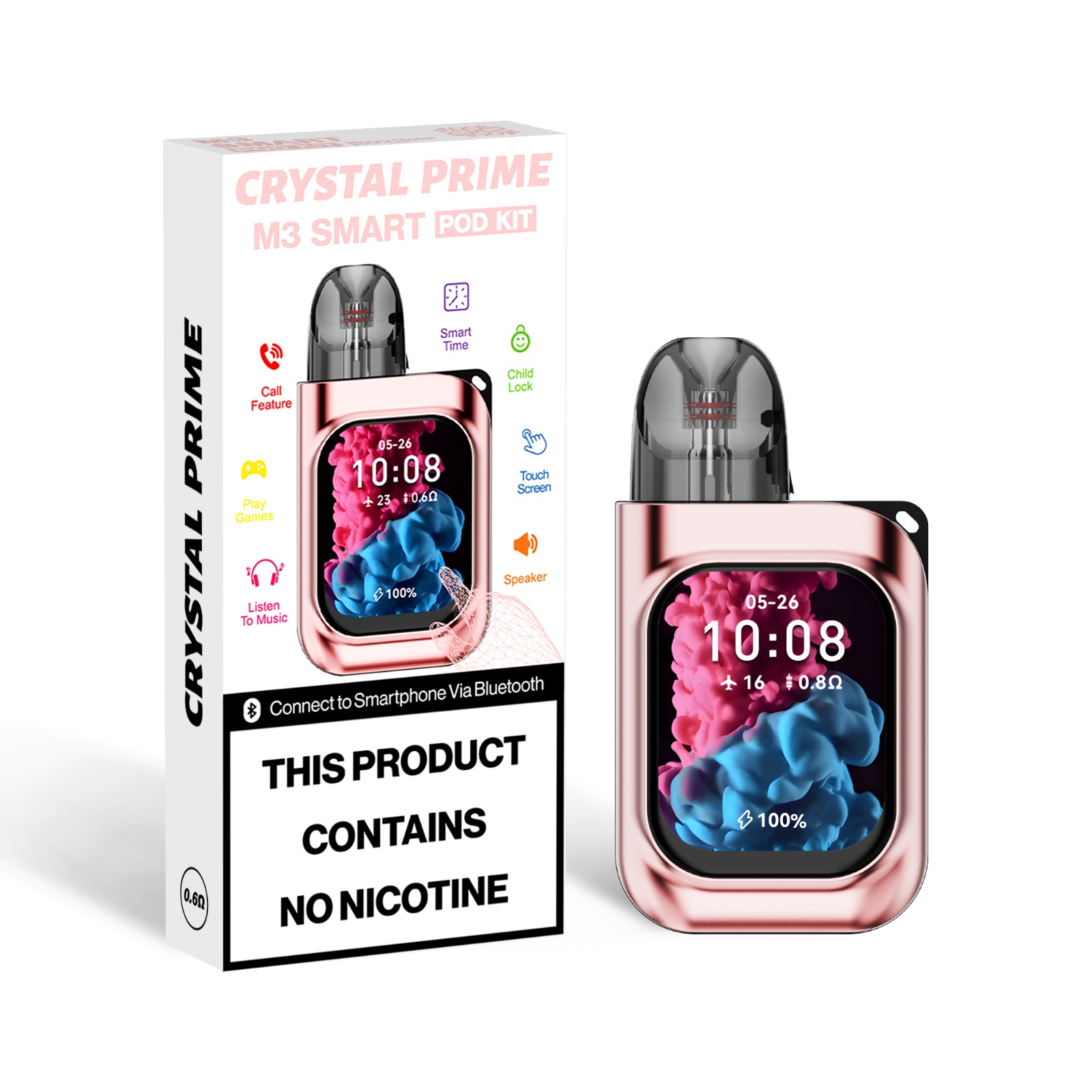 Crystal Prime M3 smart refillable pod vape kit with touchscreen, Bluetooth, call feature, and music speaker in rose gold color