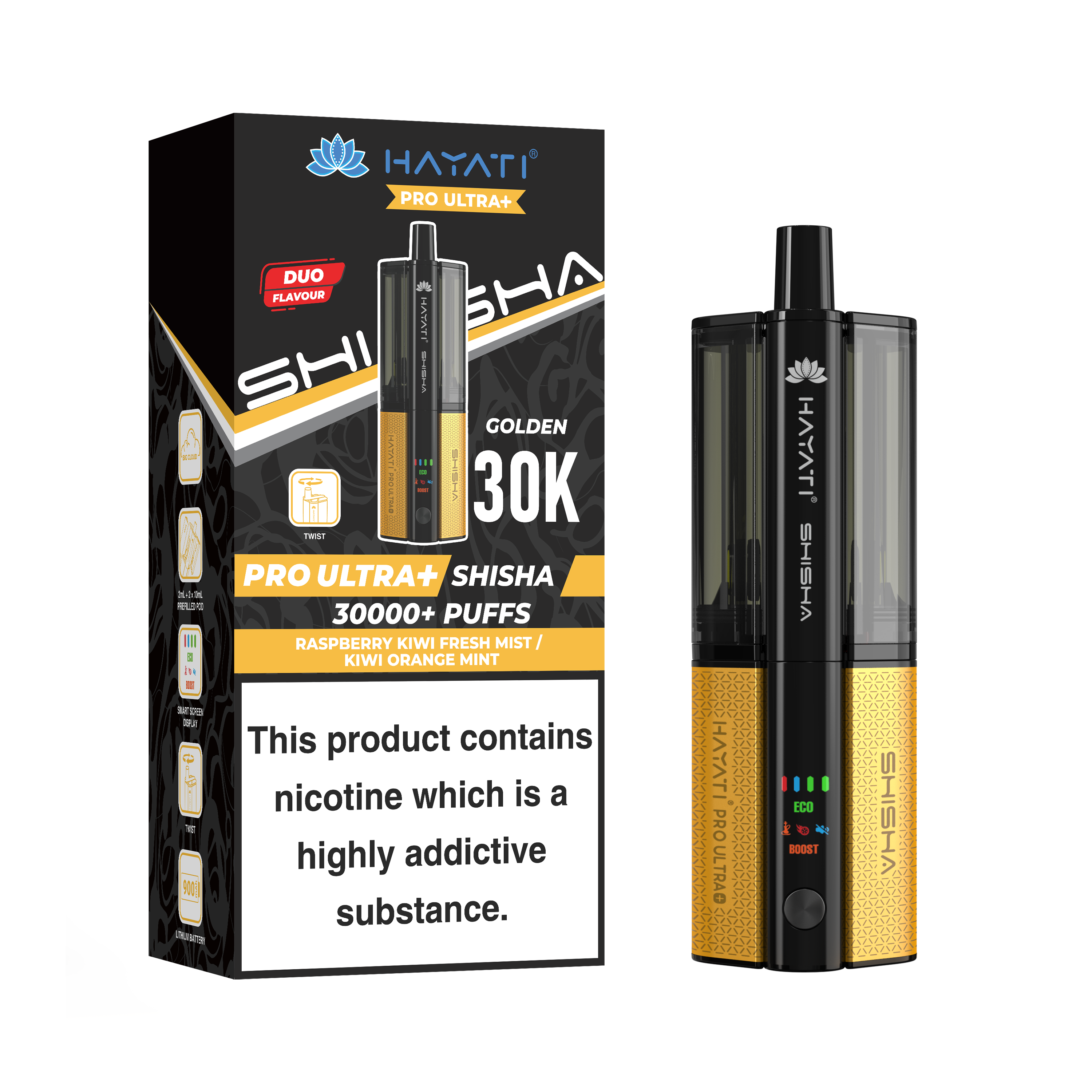 Golden and Black Vape device with packaging displaying 'HAYATI' branding on a white background.