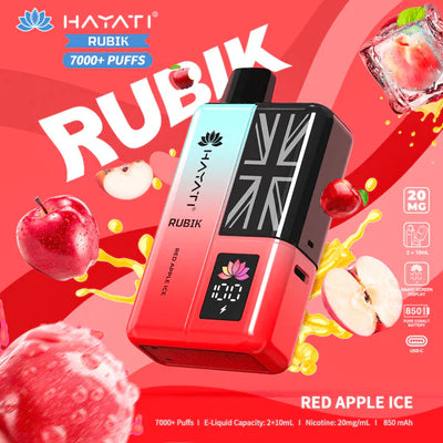 Hayati Rubik vape device with red apple ice flavor on a vibrant red background
