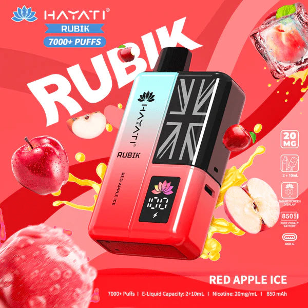 Hayati Rubik vape device with red apple ice flavor on a vibrant red background