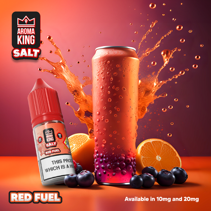 Aroma King Nic Salts Red Fuel 10ml e-liquid bottle with berry and orange flavor, splash effect, and 20mg nicotine strength.