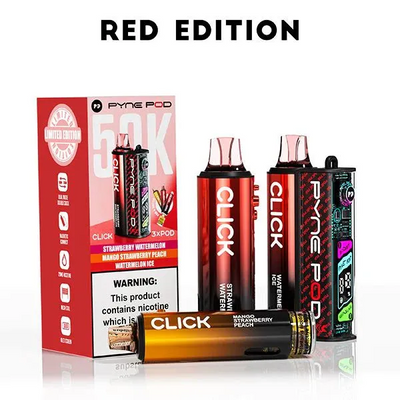Pyne Pod Click 50K Red Edition prefilled vape pods and device with 50,000 puffs capacity, rechargeable battery, and smart LED display.