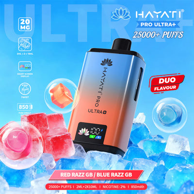 Hayati Pro Ultra+ vape device with ice cubes and fruit flavors on a blue background