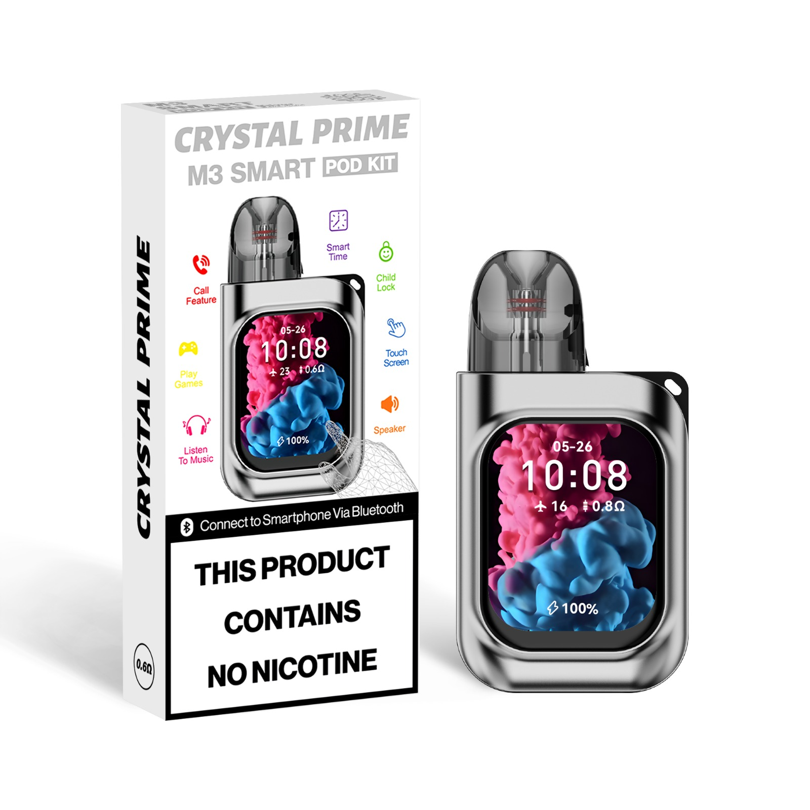 CRYSTAL PRIME M3 smart refillable pod vape kit with touchscreen, Bluetooth, call feature, music, child lock, 2ml capacity, and sleek compact design.
