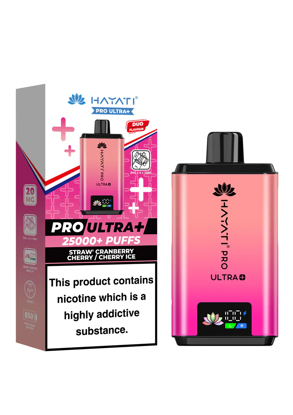 Hayati Pro Ultra+ 25000+ puffs vape kit with duo flavor system, smart battery display, and ban-proof certification in pink gradient design