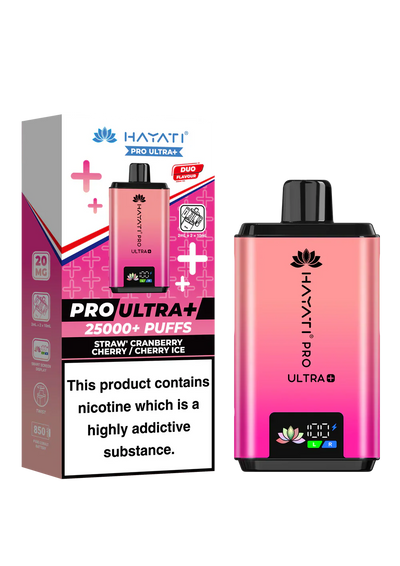 Hayati Pro Ultra+ 25000+ puffs vape kit with duo flavor system, smart battery display, and ban-proof certification in pink gradient design