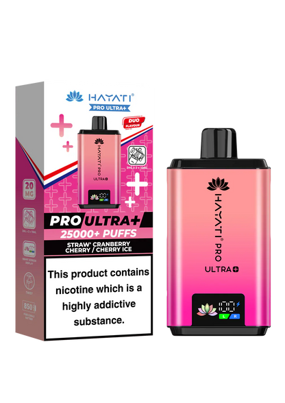 Hayati Pro Ultra+ 25000+ puffs vape kit with duo flavor system, smart battery display, and ban-proof certification in pink gradient design