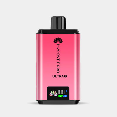 Hayati Pro Ultra+ reusable pink vape device with smart battery display and dual flavor tank system