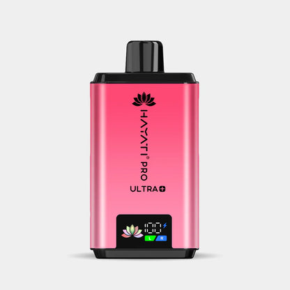 Hayati Pro Ultra+ reusable pink vape device with smart battery display and dual flavor tank system