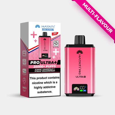 Pink vape device with 'HATATI' branding and packaging on a white background