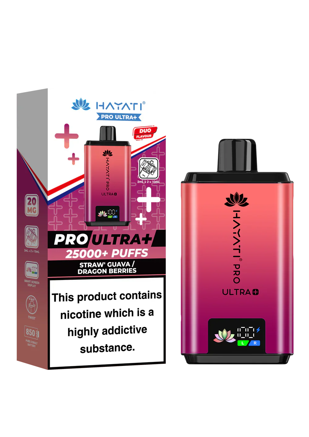 Hayati Pro Ultra+ vape kit with 25000+ puffs, duo flavor system, and smart battery display in pink and black design