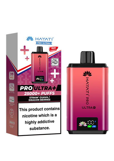 Hayati Pro Ultra+ vape kit with 25000+ puffs, duo flavor system, and smart battery display in pink and black design