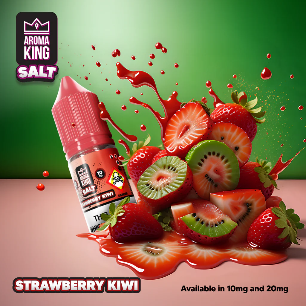 Aroma King Nic Salts 10ml e-liquid with strawberry kiwi flavor, 20mg nicotine strength, 50/50 VG/PG ratio, designed for pod kits and refillable tanks.