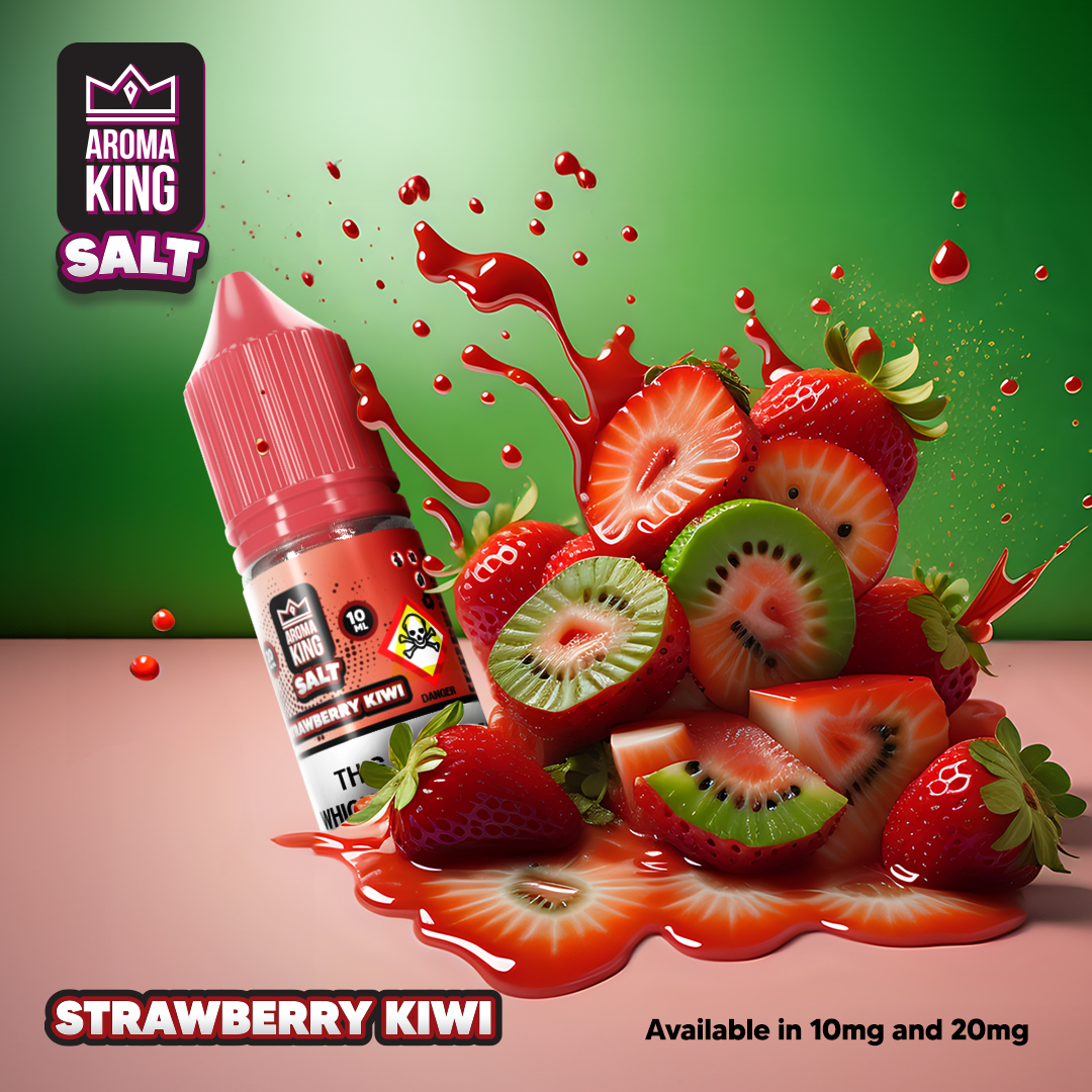 Aroma King Nic Salts Strawberry Kiwi 10ml e-liquid bottle with fresh strawberries and kiwi, highlighting 20mg nicotine strength and 50/50 VG/PG ratio.