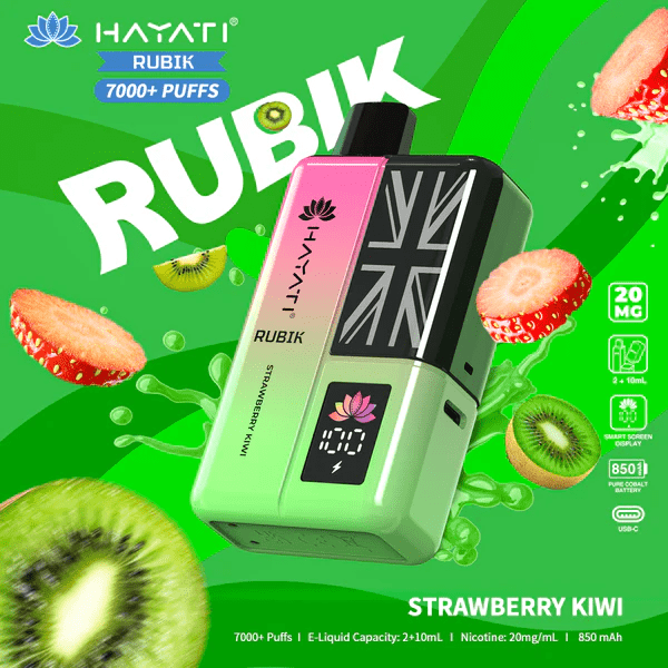 Hayati Pro Ultra+ 7000+ puffs reusable vape kit with single flavor strawberry kiwi system and smart battery display