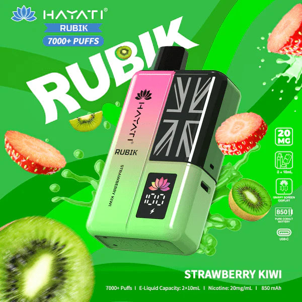 Hayati Rubik vape device with strawberry kiwi flavor on a green background