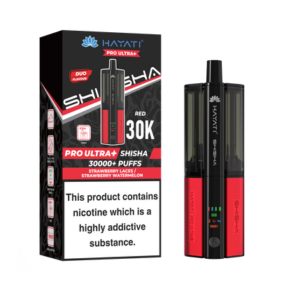 Red and Black Vape device with packaging displaying 'HAYATI' branding on a white background.