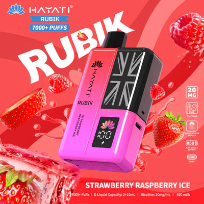 Hayati Rubik vape device with strawberry and raspberry graphics on a red background