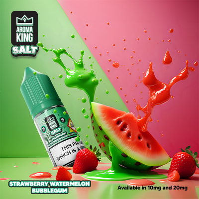 Aroma King Nic Salts 10ml bottle with strawberry watermelon bubblegum flavor and splashes of red and green liquid.
