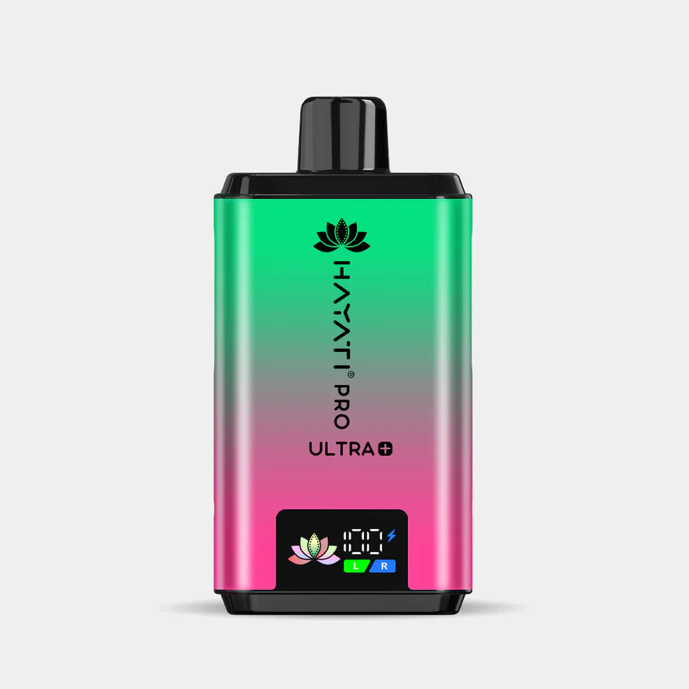 Hayati Pro Ultra+ reusable vape kit with 25000+ puffs, dual tank and flavor system, smart battery display, and ergonomic design in green and pink gradient.
