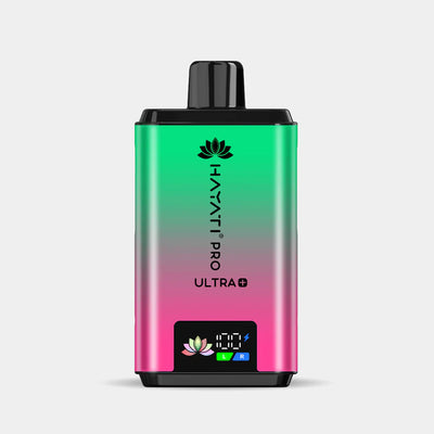 Hayati Pro Ultra+ reusable vape kit with 25000+ puffs, dual tank and flavor system, smart battery display, and ergonomic design in green and pink gradient.