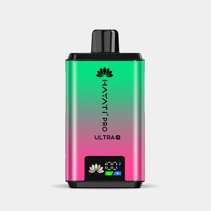 Hayati Pro Ultra+ reusable vape kit with 25000+ puffs, dual tank and flavor system, smart battery display, and ergonomic design in green and pink gradient.